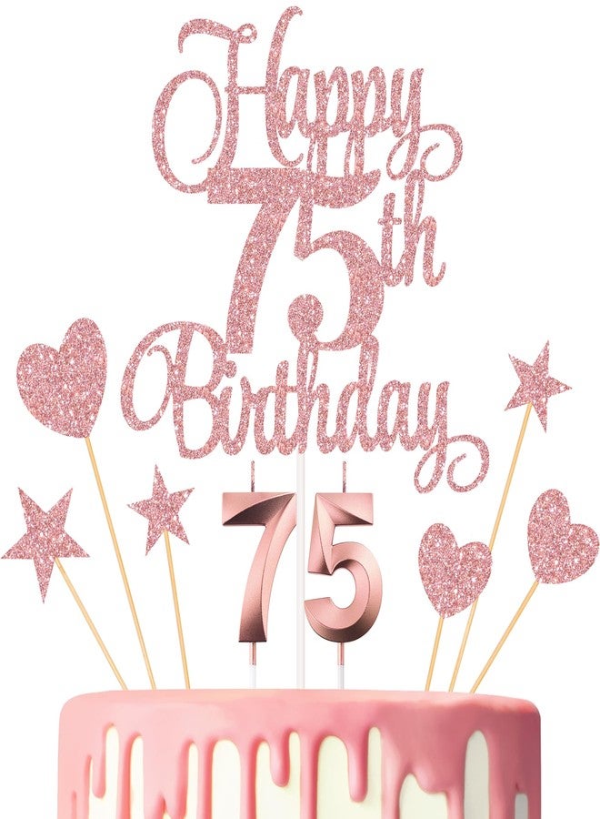 Lecferrarc 75th Birthday Cake Decorations, 75th Birthday Candles Cake Numeral Candles and Glitter Happy 75th Birthday Cake Toppers Set for Birthday Party Supplies (Rose Gold) - Image 1